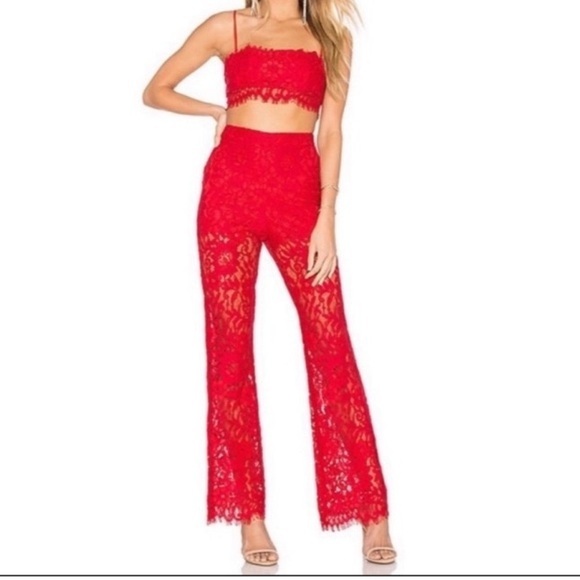 NBD Pants - NBD High Rise Red Lace Pants with Frayed Hemline NEW!